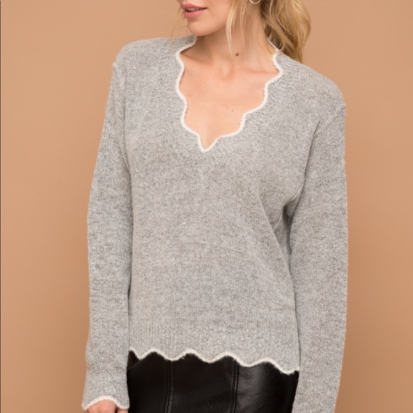 Hem & Thread Contemporary V Neck Scallop Sweater - Picture 2 of 8